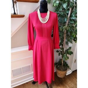 Women's Solid Red Polyester Round Neck Long Sleeve Knee Length Dress Size Small